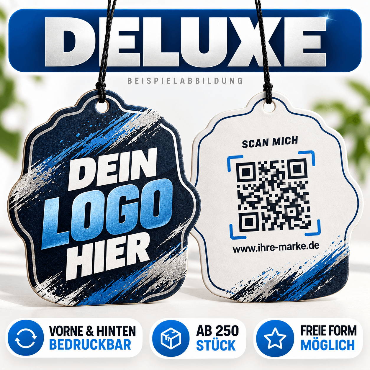 Deluxe Duftbaum mit Logo – Beispielansicht von Vorder- und Rückseite