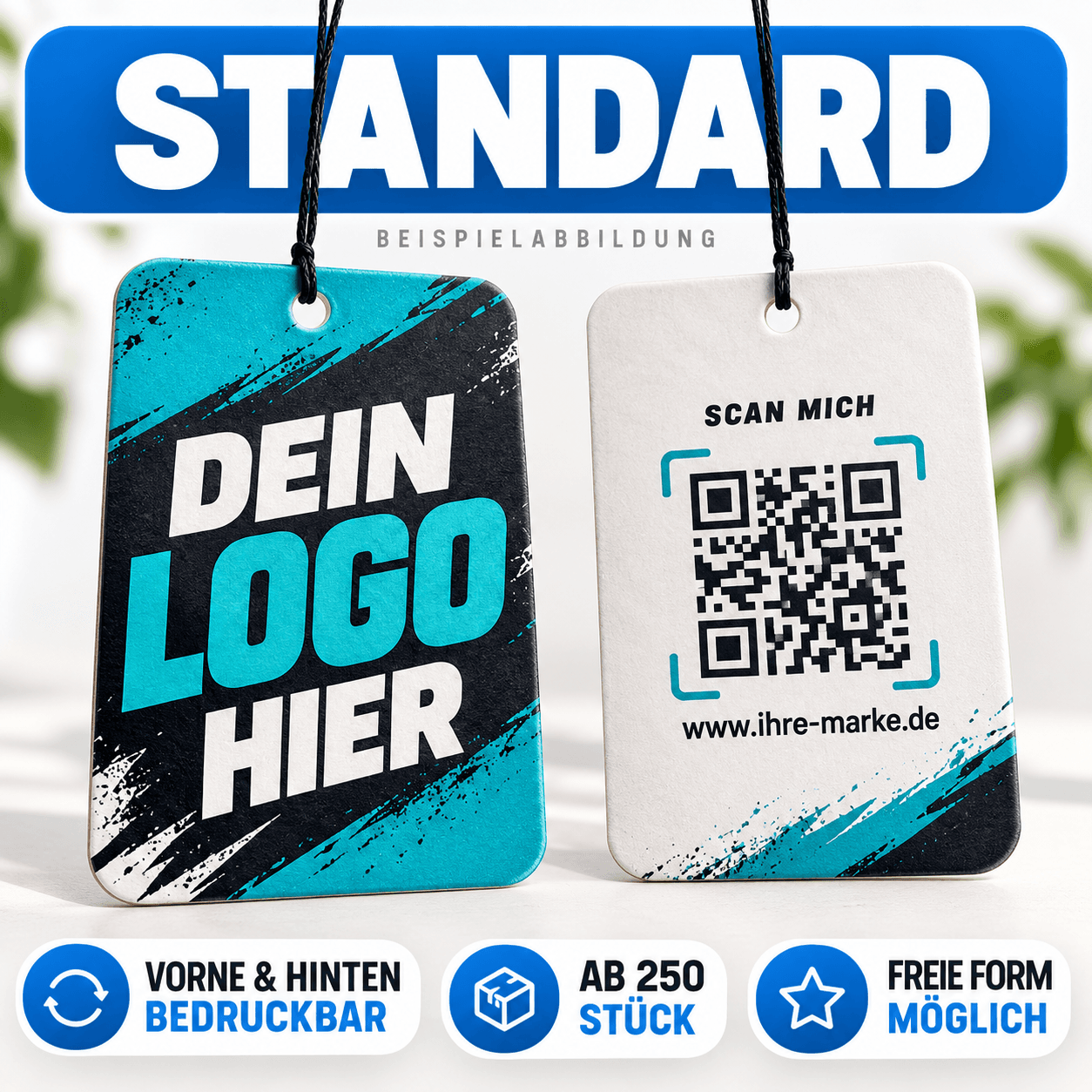 Standard Duftbaum mit Logo – Beispielansicht von Vorder- und Rückseite